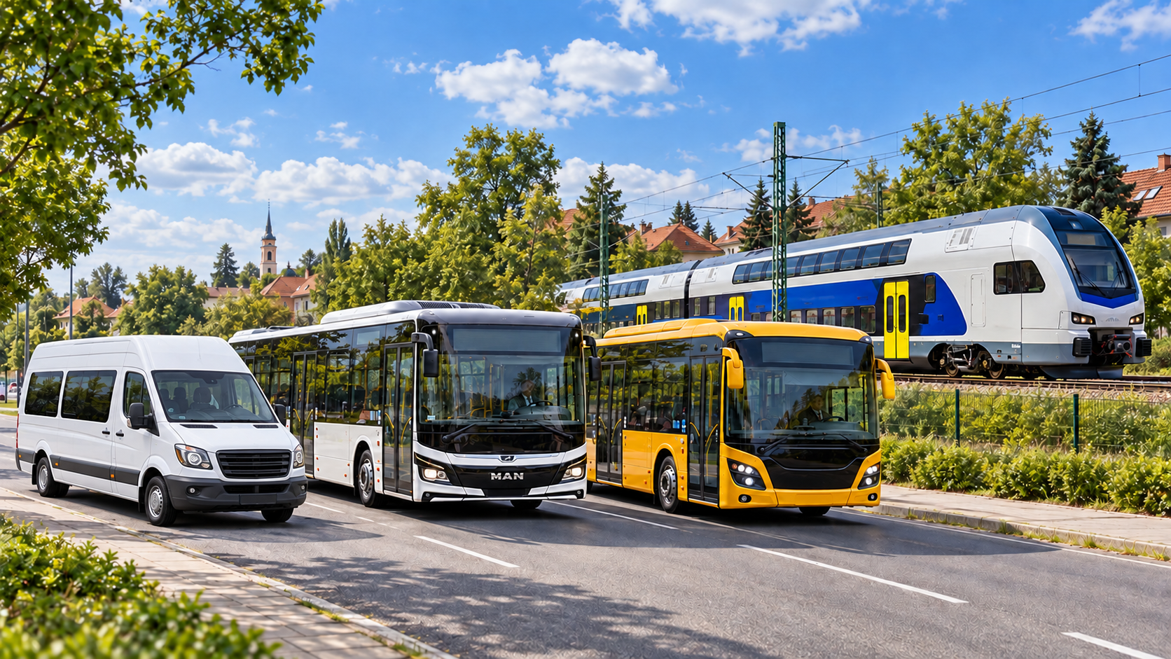 Helyi MAN autóbusz, sárga Credobus, jelzés nélküli fehér kisbusz és emeletes Stadler KISS közös irányba haladva